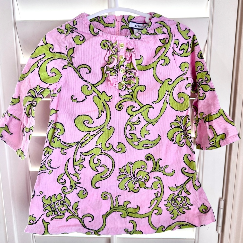 Hartstrings 12M Pink Green Corduroy Dress Ruffle Front Scroll Print Boutique